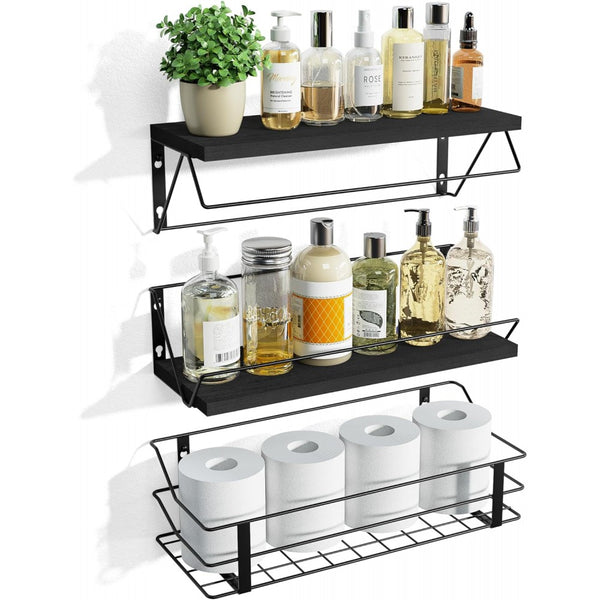 Set Of 3 Floating Shelves With Storage Basket